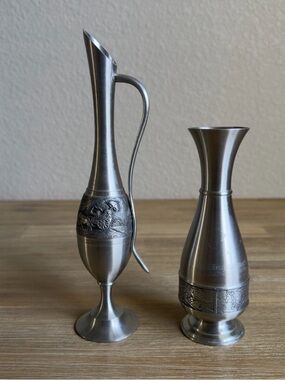 Vintage Pewter Skinny Bud Vases And Pitcher 8” and 6” Tall Silver Color Set of 2